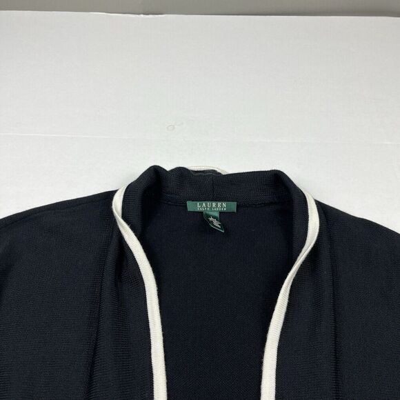 Lauren Ralph Lauren Short Cardigan Black Open Front Wrap Classic Sweater LARGE - Picture 3 of 10